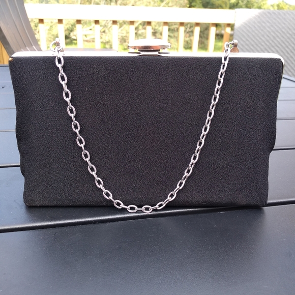 Vintage Handbags - Vintage Black Evening Bag Purse, Silver Chain Strap, Hinged Opening, Clo…